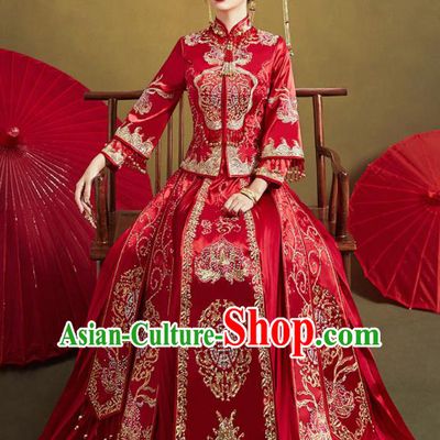 Chinese Traditional Drilling Red Xiu He Suit Embroidered Wedding Dress Ancient Bride Costumes for Women