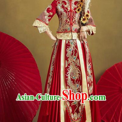 Chinese Traditional Drilling Red Xiu He Suit Embroidered Phoenix Wedding Dress Ancient Bride Costumes for Women