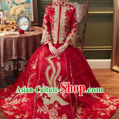 Chinese Traditional Embroidered Phoenix Drilling Red Xiu He Suit Wedding Dress Ancient Bride Costumes for Women