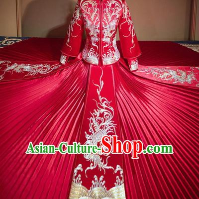 Chinese Traditional Embroidered Drilling Phoenix Red Xiu He Suit Wedding Dress Ancient Bride Costumes for Women