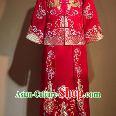 Chinese Ancient Bridegroom Embroidered Red Mandarin Jacket and Long Gown Traditional Wedding Tang Suit Costumes for Men