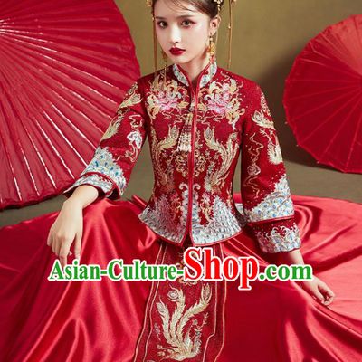 Chinese Traditional Drilling Red Xiu He Suit Embroidered Phoenix Peony Wedding Dress Ancient Bride Costumes for Women