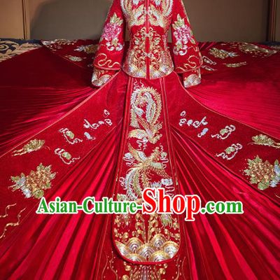 Chinese Traditional Drilling Red Xiu He Suit Embroidered Phoenix Wedding Dress Ancient Bride Costumes for Women