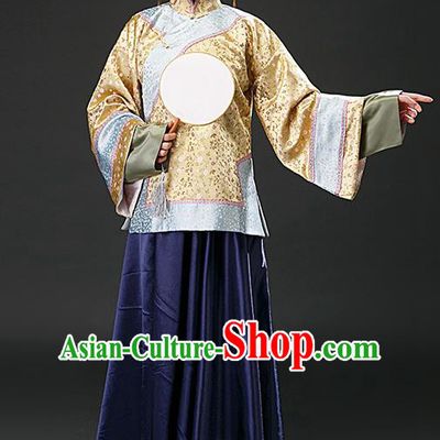 Chinese Ancient Qing Dynasty Patrician Yellow Blouse and Navy Skirt Traditional Nobility Concubine Costumes for Women