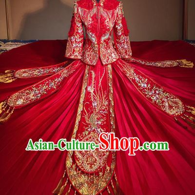 Chinese Traditional Wedding Drilling Phoenix Xiu He Suit Embroidered Red Dress Ancient Bride Costumes for Women