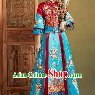 Chinese Traditional Wedding Xiu He Suit Embroidered Blue Dress Ancient Bride Costumes for Women