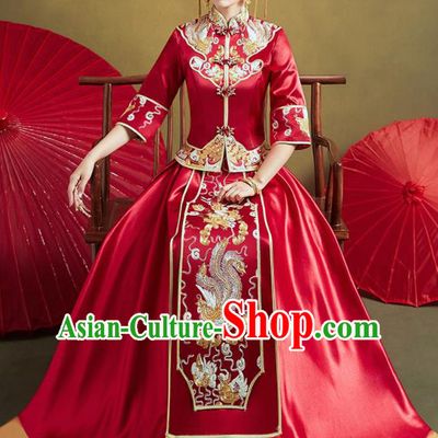 Chinese Traditional Wedding Xiu He Suit Embroidered Phoenix Red Jacket and Dress Ancient Bride Costumes for Women