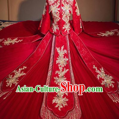 Chinese Traditional Wedding Xiu He Suit Embroidered Flowers Red Jacket and Dress Ancient Bride Costumes for Women