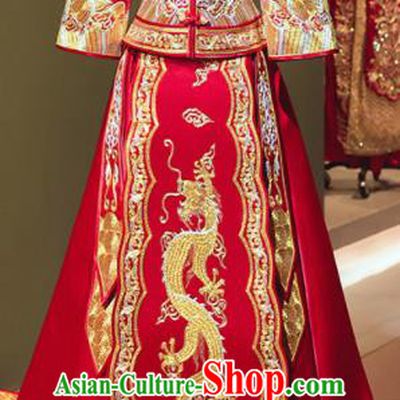 Chinese Traditional Wedding Xiu He Suit Embroidered Dragon Red Jacket and Dress Ancient Bride Costumes for Women