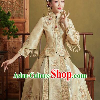 Chinese Traditional Wedding Xiu He Suit Embroidered Light Golden Jacket and Dress Ancient Bride Costumes for Women