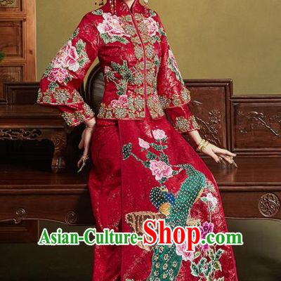 Chinese Traditional Wedding Xiu He Suit Embroidered Peacock Peony Red Blouse and Dress Ancient Bride Costumes for Women