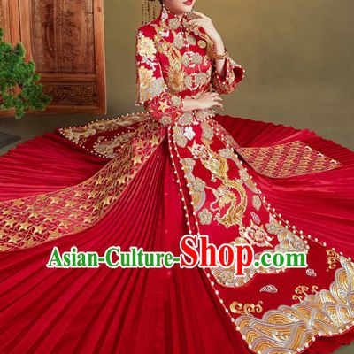 Chinese Traditional Wedding Xiu He Suit Embroidered Dragon Peony Red Blouse and Dress Ancient Bride Costumes for Women