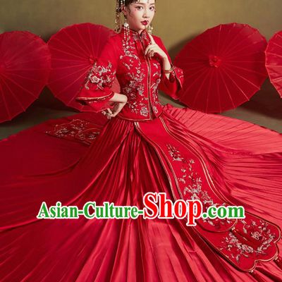 Chinese Traditional Wedding Xiu He Suit Embroidered Peony Red Blouse and Dress Ancient Bride Costumes for Women