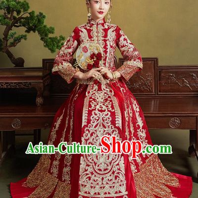 Chinese Traditional Wedding Drilling Xiu He Suit Embroidered Red Blouse and Dress Ancient Bride Costumes for Women