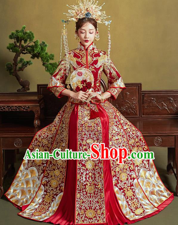 Chinese Traditional Wedding Embroidered Phoenix Lotus Xiu He Suit Red Blouse and Dress Ancient Bride Costumes for Women Chinese Traditional Wedding Embroidered Phoenix Lotus Xiu He Suit Red Blouse and Dress Ancient Bride Costumes for Women