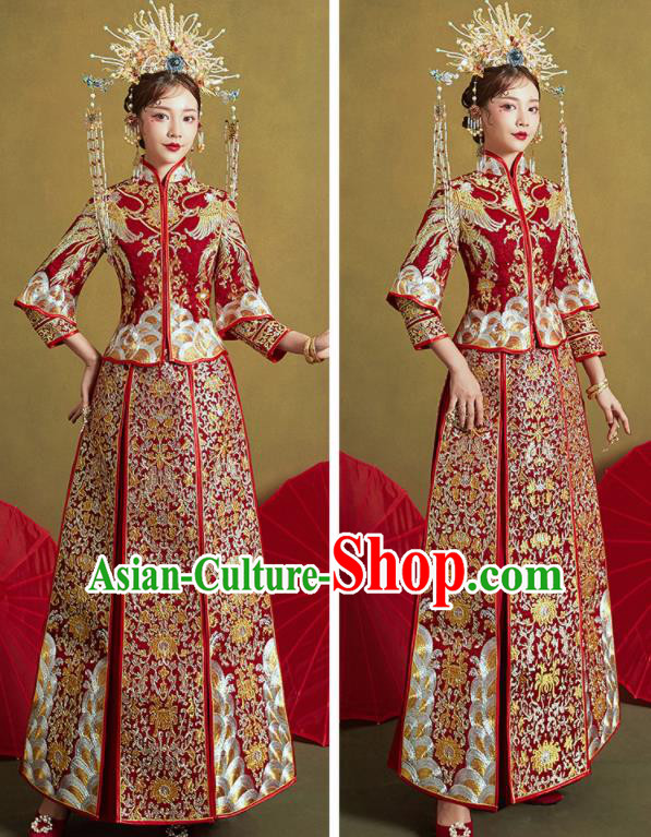 Chinese Traditional Wedding Embroidered Phoenix Lotus Xiu He Suit Red Blouse and Dress Ancient Bride Costumes for Women Chinese Traditional Wedding Embroidered Phoenix Lotus Xiu He Suit Red Blouse and Dress Ancient Bride Costumes for Women