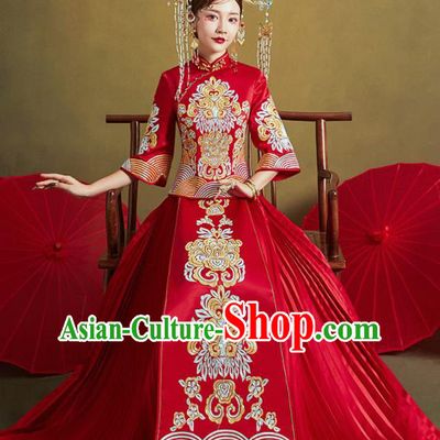 Chinese Traditional Wedding Embroidered Flower Xiu He Suit Red Blouse and Dress Ancient Bride Costumes for Women