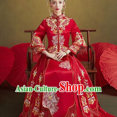 Chinese Traditional Embroidered Wedding Xiu He Suit Red Blouse and Dress Ancient Bride Costumes for Women