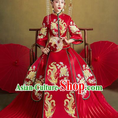 Chinese Traditional Embroidered Phoenix Peony Wedding Xiu He Suit Red Blouse and Dress Ancient Bride Costumes for Women