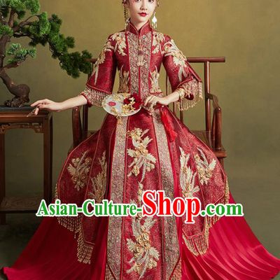 Chinese Traditional Wedding Drilling Xiu He Suit Embroidered Wine Red Blouse and Dress Ancient Bride Costumes for Women
