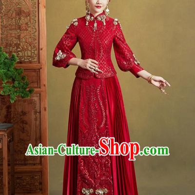 Chinese Traditional Embroidered Wedding Trailing Xiu He Suit Red Blouse and Dress Ancient Bride Costumes for Women