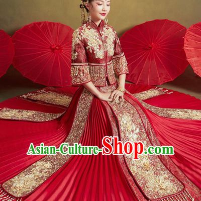 Chinese Traditional Wedding Drilling Xiu He Suit Embroidered Flowers Wine Red Blouse and Dress Ancient Bride Costumes for Women