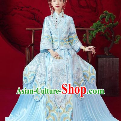 Chinese Traditional Embroidered Wedding Blue Xiu He Suit Blouse and Dress Ancient Bride Costumes for Women