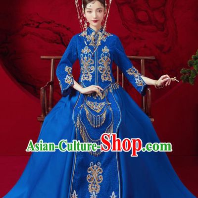 Chinese Traditional Embroidered Wedding Royalblue Xiu He Suit Blouse and Dress Ancient Bride Costumes for Women