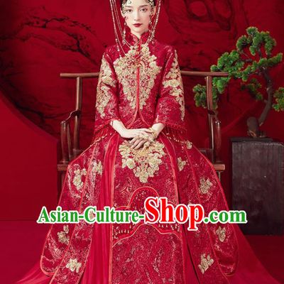 Chinese Traditional Embroidered Wedding Red Xiu He Suit Blouse and Dress Ancient Bride Costumes for Women