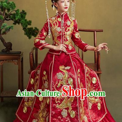 Chinese Traditional Wedding Xiu He Suit Embroidered Dragon Red Blouse and Dress Ancient Bride Costumes for Women