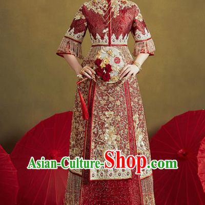 Chinese Traditional Embroidered Wedding Dark Red Xiu He Suit Blouse and Dress Ancient Bride Costumes for Women