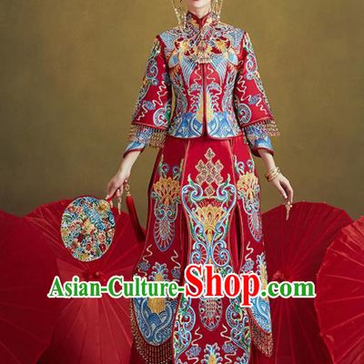 Chinese Traditional Blue Embroidered Wedding Xiu He Suit Blouse and Dress Ancient Bride Costumes for Women