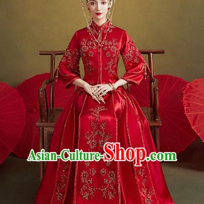 Chinese Traditional Embroidered Plum Wedding Xiu He Suit Blouse and Dress Ancient Bride Costumes for Women