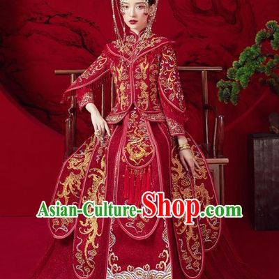 Chinese Traditional Embroidered Dragon Wedding Xiu He Suit Red Blouse and Dress Ancient Bride Costumes for Women
