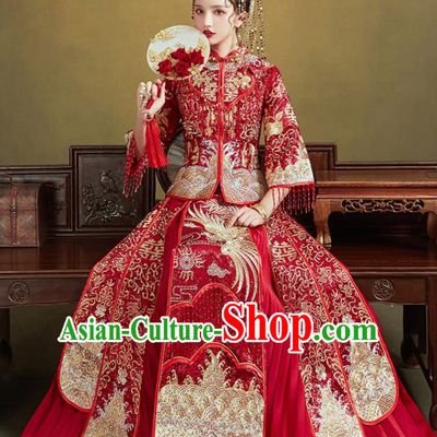 Chinese Traditional Embroidered Golden Phoenix Wedding Xiu He Suit Blouse and Dress Ancient Bride Costumes for Women