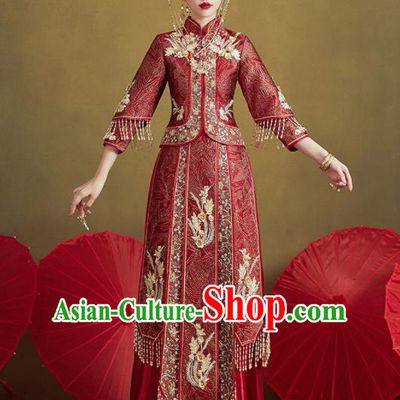 Chinese Traditional Wedding Embroidered Purplish Red Xiu He Suit Blouse and Dress Ancient Bride Costumes for Women
