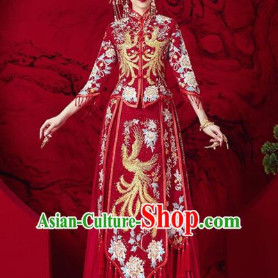 Chinese Traditional Wedding Embroidered Phoenix Peony Xiu He Suit Blouse and Dress Ancient Bride Costumes for Women