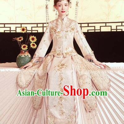 Chinese Traditional Wedding Embroidered Champagne Xiu He Suit Blouse and Dress Ancient Bride Costumes for Women