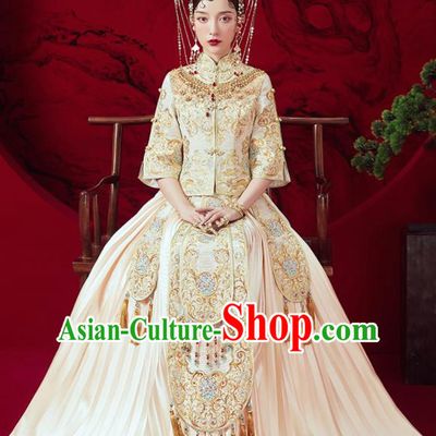 Chinese Traditional Wedding Embroidered Beige Xiu He Suit Blouse and Dress Ancient Bride Costumes for Women