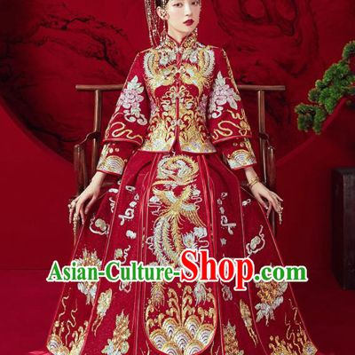 Chinese Traditional Wedding Embroidered Phoenix Xiu He Suit Blouse and Dress Ancient Bride Costumes for Women