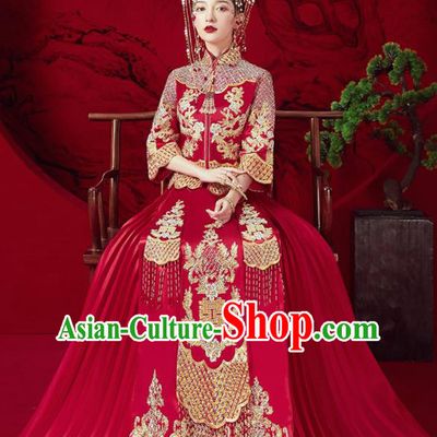 Chinese Traditional Wedding Red Xiu He Suit Embroidered Blouse and Dress Ancient Bride Costumes for Women