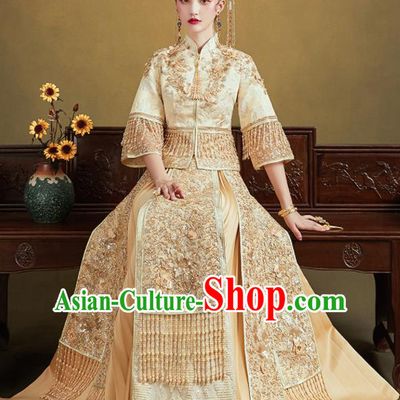 Chinese Traditional Wedding Light Golden Xiu He Suit Embroidered Blouse and Dress Ancient Bride Costumes for Women