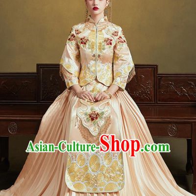 Chinese Traditional Wedding Light Golden Xiu He Suit Embroidered Peony Blouse and Dress Ancient Bride Costumes for Women