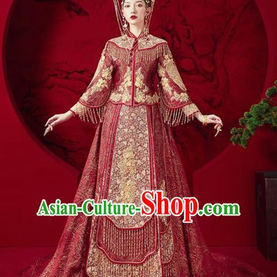 Chinese Traditional Wedding Red Trailing Xiu He Suit Embroidered Blouse and Dress Ancient Bride Costumes for Women