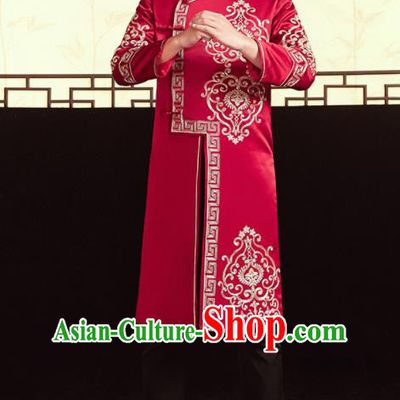 Chinese Ancient Bridegroom Embroidered Red Mandarin Jacket and Pants Traditional Wedding Tang Suit Costumes for Men
