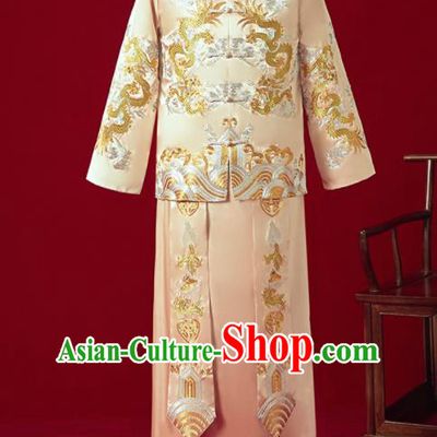 Chinese Ancient Bridegroom Embroidered Dragon Golden Mandarin Jacket and Long Gown Traditional Wedding Tang Suit Costumes for Men