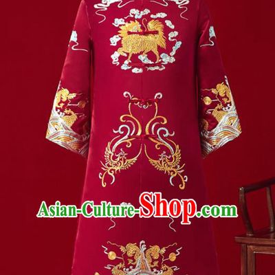 Chinese Ancient Bridegroom Embroidered Kylin Red Mandarin Jacket Traditional Wedding Tang Suit Costumes for Men