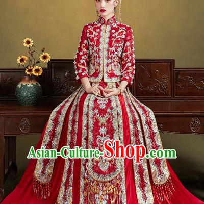 Chinese Traditional Embroidered Drilling Red Blouse and Dress Wedding Bottom Drawer Xiu He Suit Ancient Bride Costumes for Women