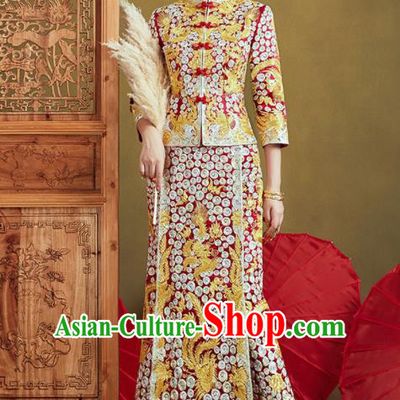 Chinese Traditional Embroidered Phoenix Blouse and Slim Dress Wedding Bottom Drawer Xiu He Suit Ancient Bride Costumes for Women