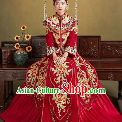 Chinese Traditional Wedding Red Xiu He Suit Embroidered Peony Blouse and Dress Ancient Bride Costumes for Women